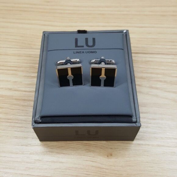 LINEA UOMO Mens Silver Black Enamel Square Cufflink Cuff Links - Picture 1 of 3